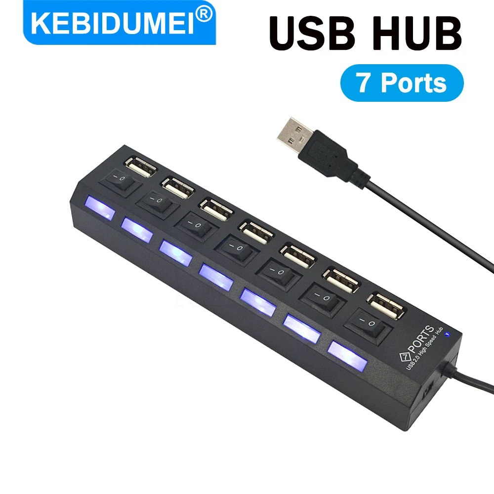 USB 2.0 HUB 7 Port Multiple Expander With ON/OFF Switch Multi USB Splitter HUB Adapter With LED Computer Accessories For Laptop