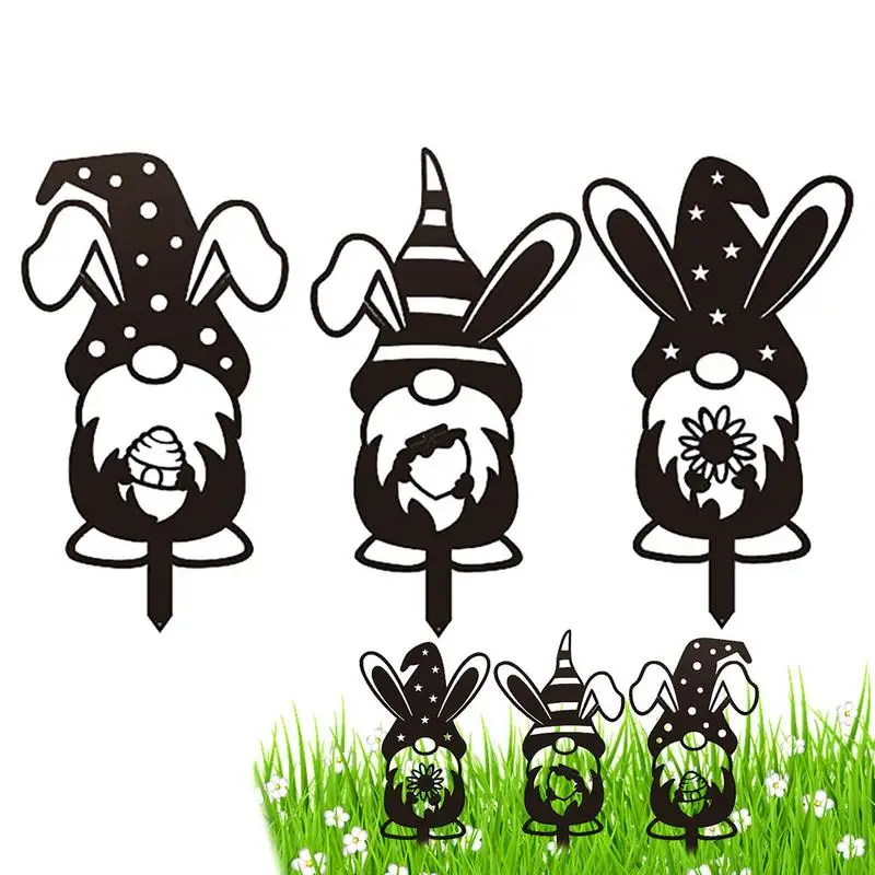 

Outdoor Easter Garden Stakes 3 Pieces Gnome Bunny Metal Stakes Hollow Out Bunny Elf Stake For Easter Party Decorations Lawn Back