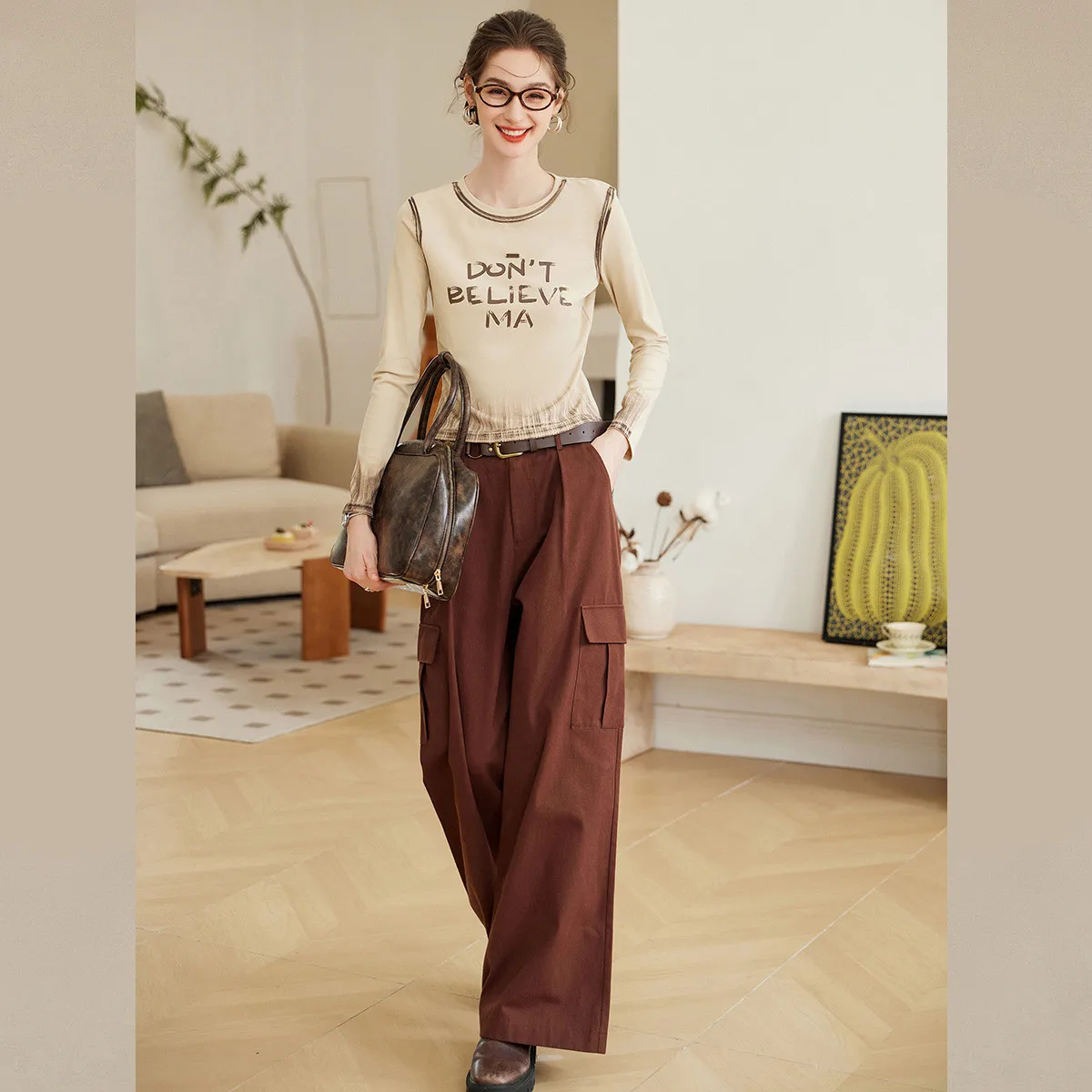 LOUISYAO Modieus bedrukt gradiënt T-shirt met lange mouwen 2025, herfst micro-stretch ronde hals dames T-shirt casual tops