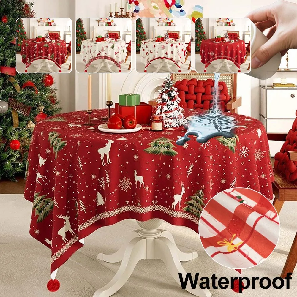 

Christmas Waterproof Tablecloths Festive Oilproof Red Velvet Fabric Table Cover for Round Dining Tea Tables Новогодняя Скатерть
