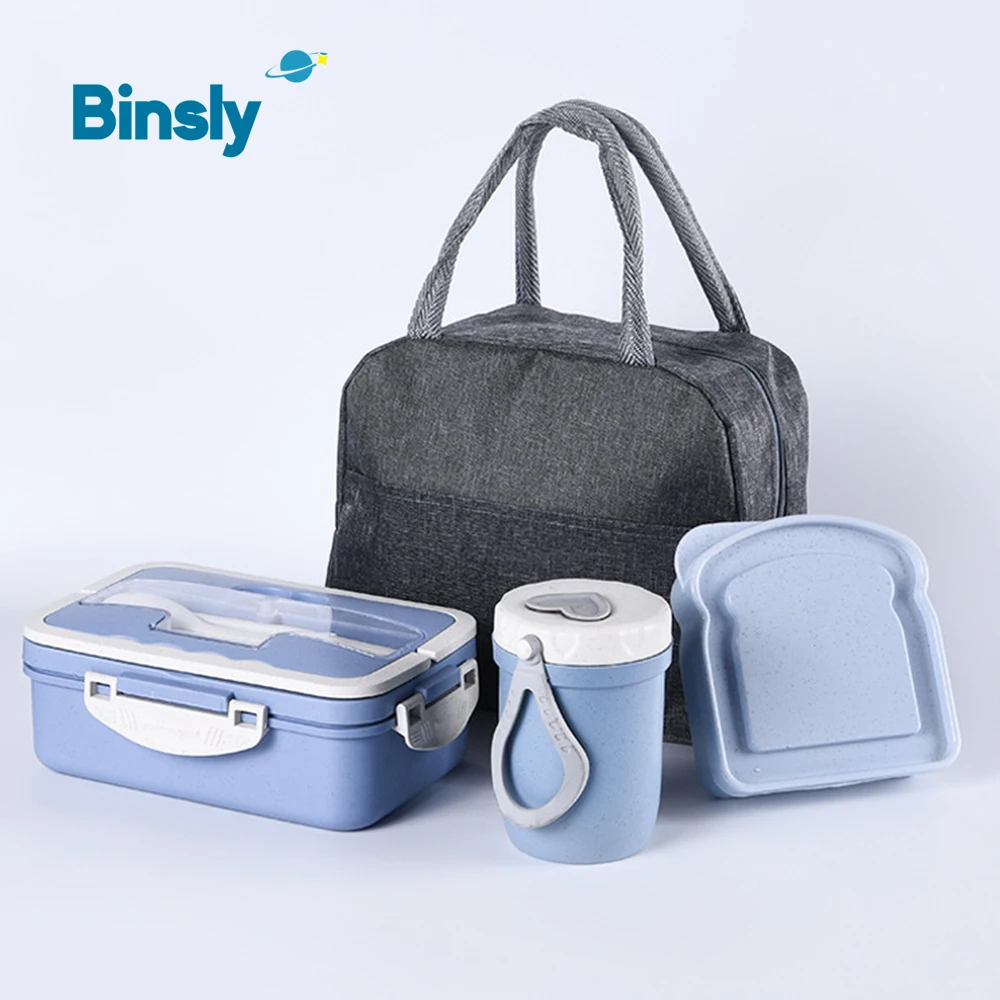 Plastic Bento Box Set Heatable Wheat Straw Food Container Insulated Lunch Box Drinking Cup Cutlery Set with Bag for Adult Office
