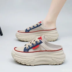 Thick Soles Increase Mesh Womens Sport Slippers Trend Lace Up Half Slipper Fashion Casual Shoes Ladies Slides Sneakers 2025