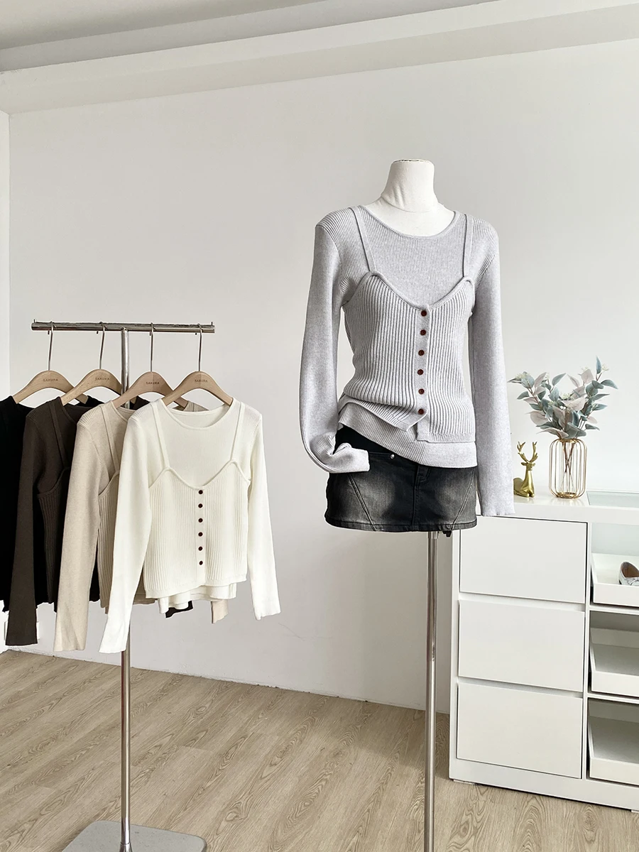 

2025 Autumn New Style Korean Simple Casual Versatile Knitwear Color Outerwear Strap Vest Women Fashion Set