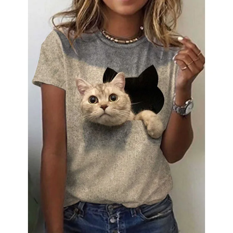 2024 European and American popular T-shirt cute cat pet 3D printed pattern women\'s short sleeved casual fashion T-shirt top wome