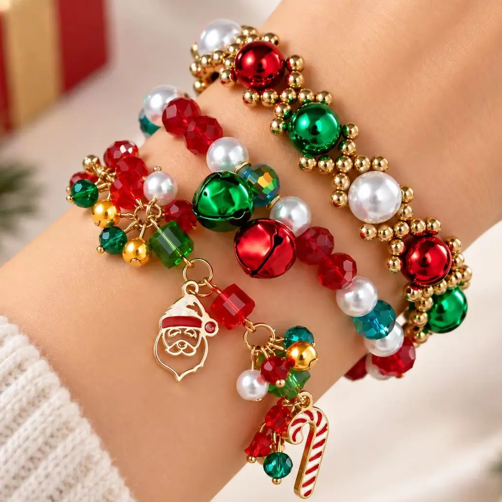 Festive Christmas Beaded Charm Bracelet Red Green Bell Santa Candy Cane Design for Women Holiday Party Xmas Jewelry Gift