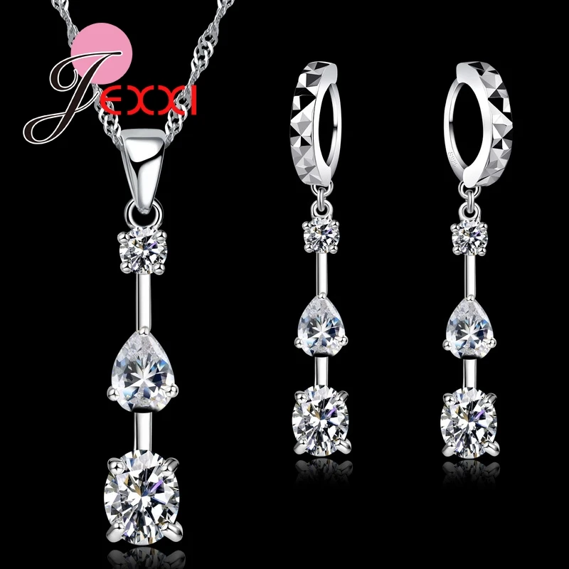 Drops Water Shape Women Gift Fast Shipping New Jewelry Shinning Cubic Zirconia Jewelry 925 Sterling Silver  Pendant Jewelry Sets