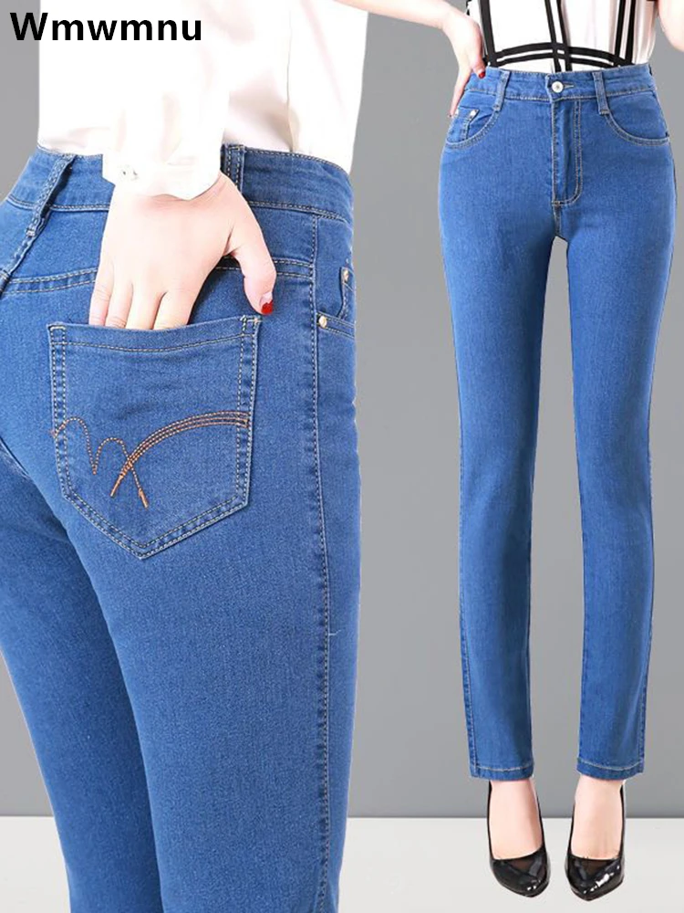 Oversize 36 wiosenne letnie dżinsy dla mamy Vintage wysokiej talii damskie spodnie dżinsowe eleganckie obcisłe proste Vaqueros haftowane Pantalones
