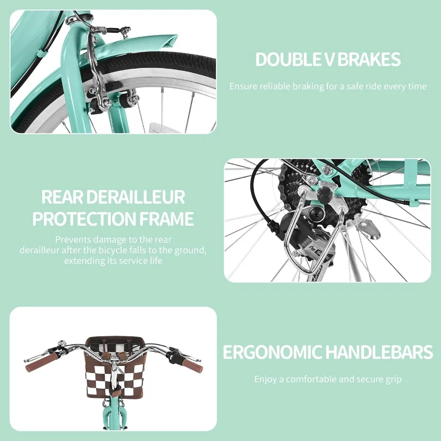 دراجة كروزر للشاطئ قابلة للطي للنساء مقاس 24/26 بوصة 7 سرعات للتنقل مع سلة خفيفة الوزن للبالغين والنساء لشركة City Co #4