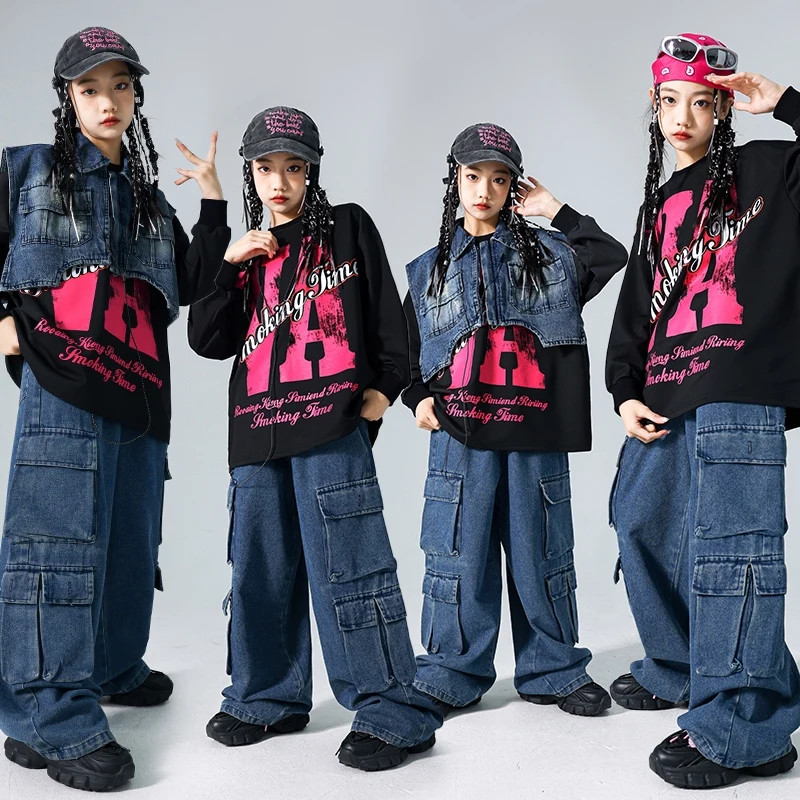 Children Stage Costume Girls Kpop Hip Hop Outfit Street Dance Wear Denim Shuffle Pants Black Tops Kid Fashion Jazz Clothing 1294