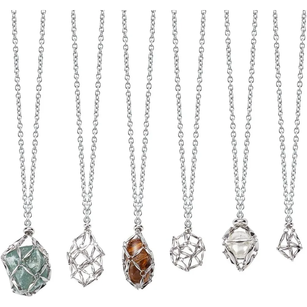 

6Pcs Silver Stone Holders Necklace Empty Holder Bulk Metal Stainless Steel Stones Cage Adjustable kit