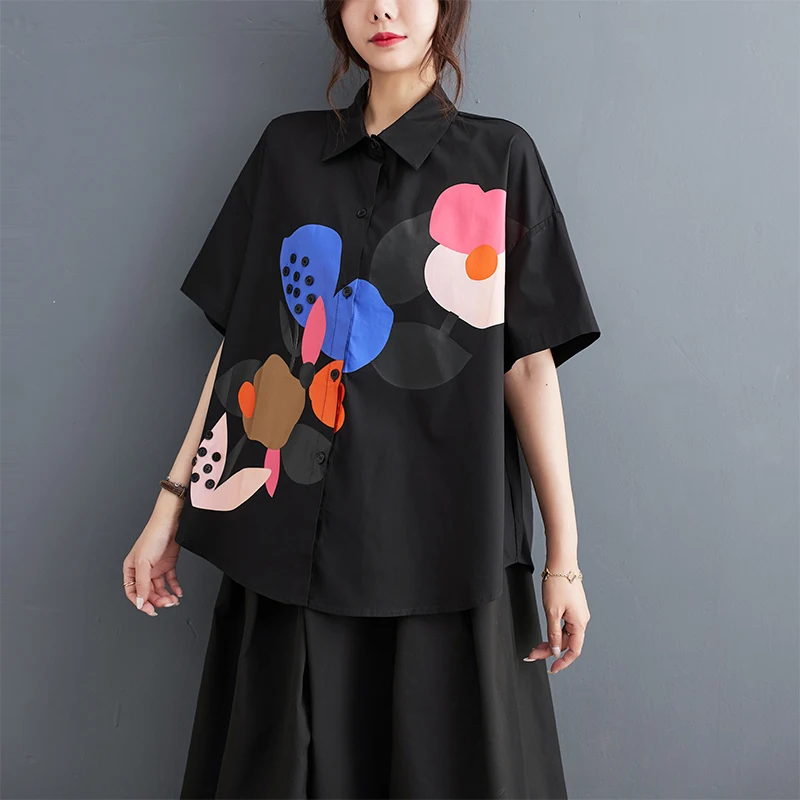 Faionable Contrast Color Print ort Sve Women's irt Loose Sli Summer Slimming irt Korean Sle Commute Wind