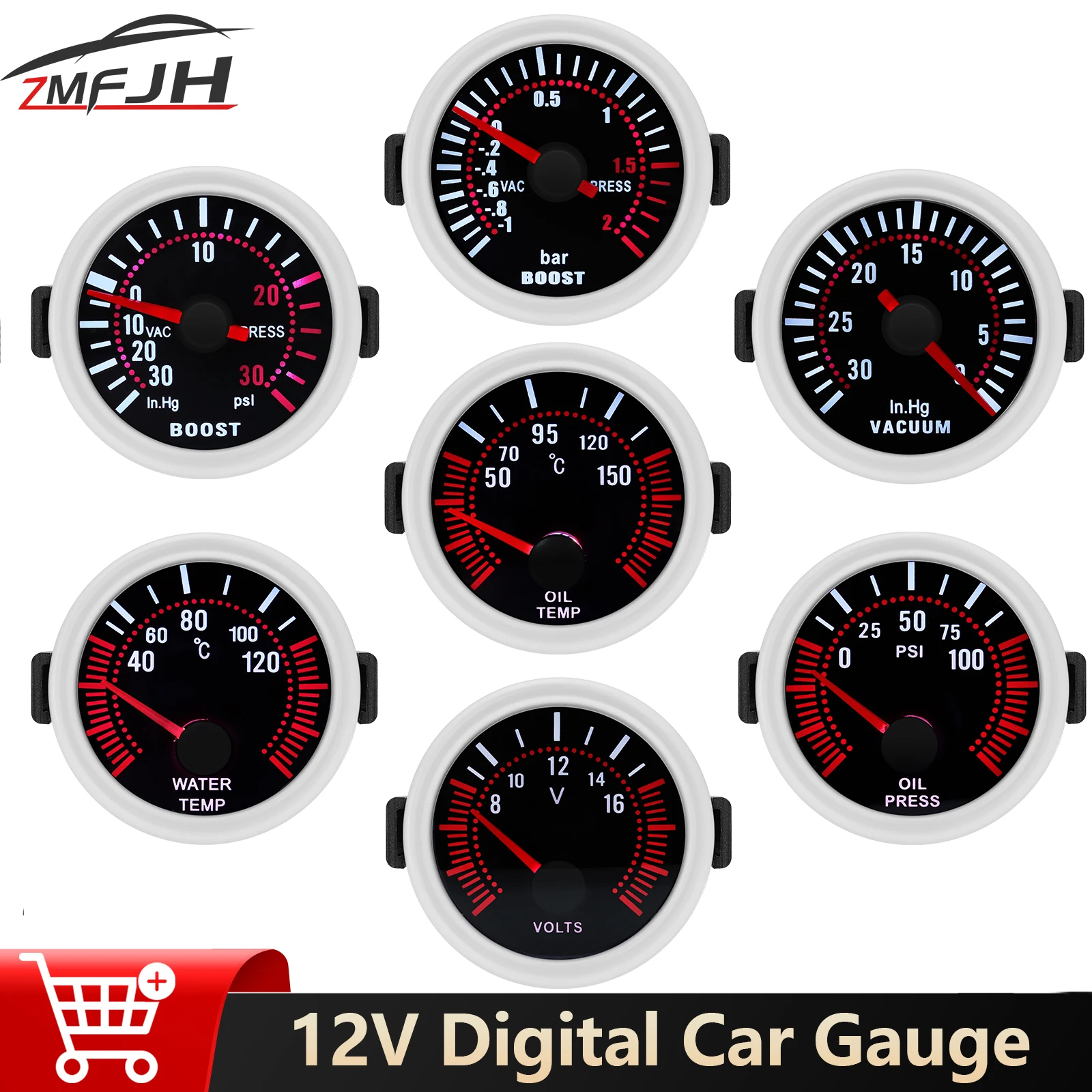 

Universal 52mm Car Tachometer Boost Gauge BAR Turbo Water Temp Gauge Oil Pressure Meter With White LED For 12V Car Smoke Len