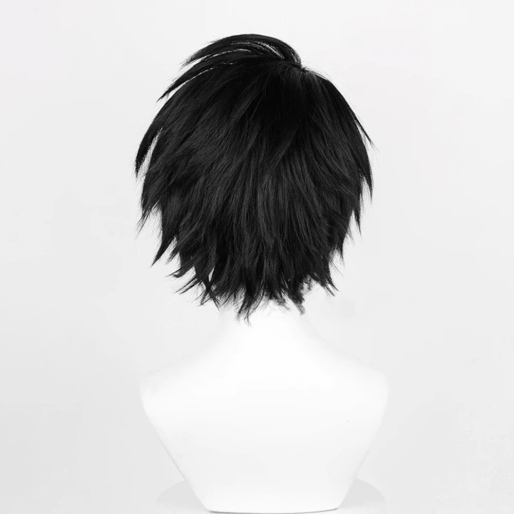 RANYU Black Synthetic Short Straight Wig Men and Women Anime Cosplay Hair Heat Resistant Wig for Party