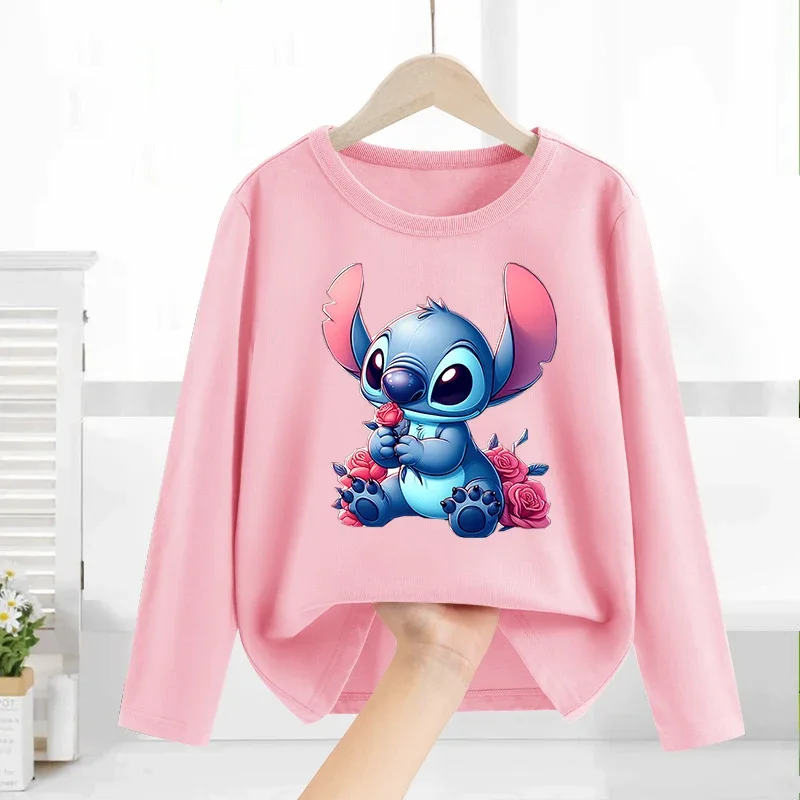 Disney Lilo&stitch Children T-shirt Cotton Tees Long Sleeve Base Coat Leisure Wear Boys Girls Cute Cartoon Tops Kids Clothes