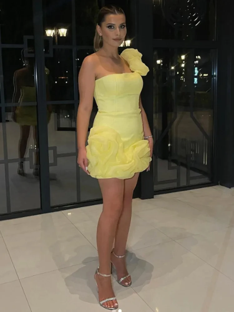 2024 Newest Summer Fashion Women Sexy One Shoulder Yellow Ruffles Mini Bodycon Cotton Dress Elegant Evening Club Party Dress