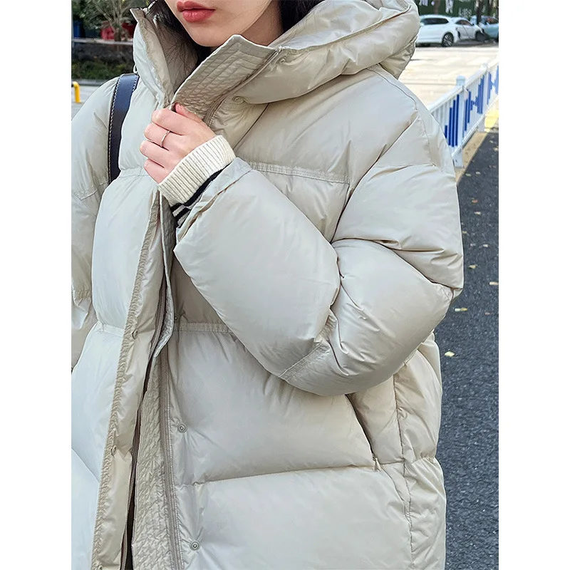 Hooded Down Jacket For Women, Medium Length, Gathered Waist, Thickened And Soft 90% White Duck Down Puffer Coat