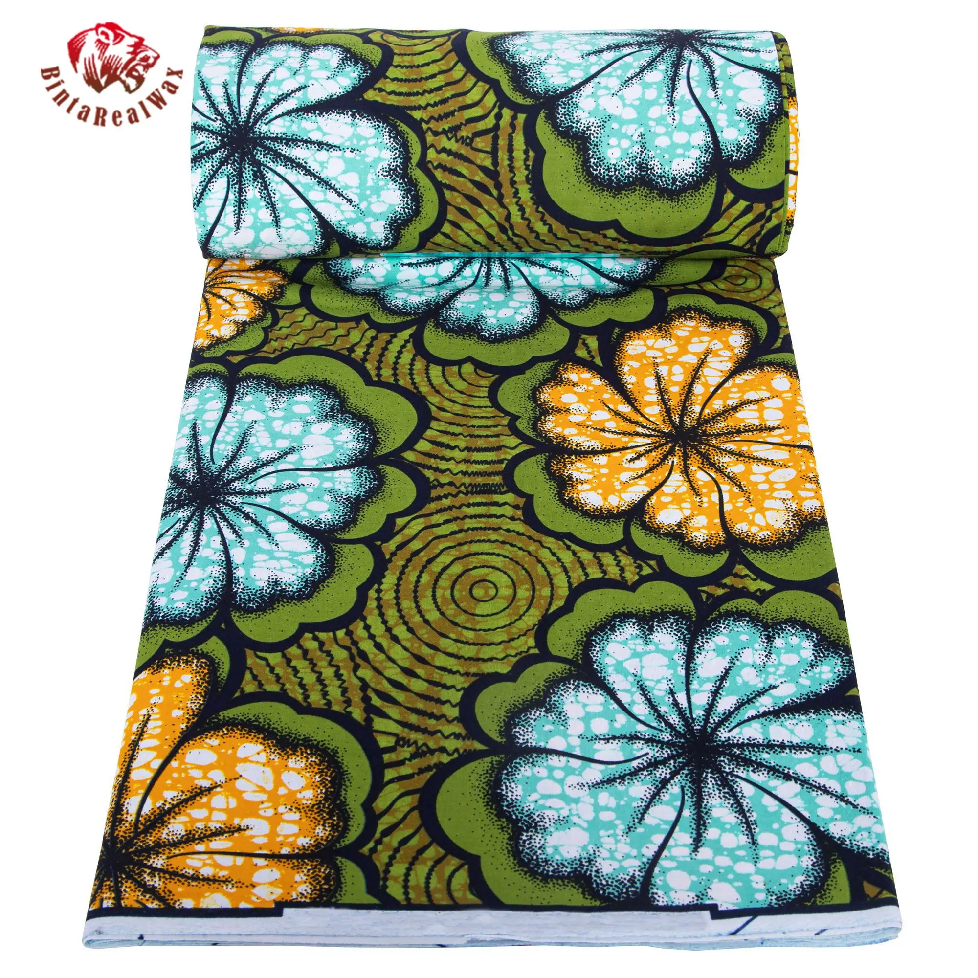 African Wax Print Fabric, Green Background with Blue Yellow Floral Patterns, 100% Cotton Ankara Fabric for Dress Making 24FS1630 view 5