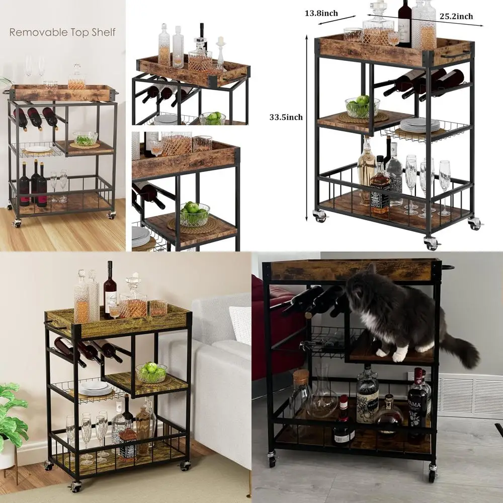 

Винтажная 3-ярусная передвижная подставка для вина с корзиной, мобильная кухонная сервировочная тележка, барная тележка в индустриальном стиле из дерева и металла
