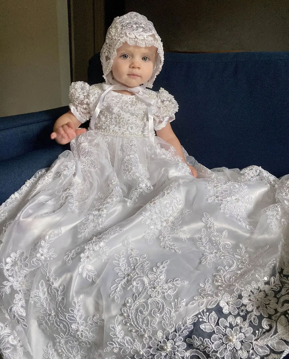 Spitze Tauf kleid für Baby Kurzarm Erstkommunion Kleid Kleinkind Kleinkind Mädchen Taufe Kleider mit Motorhaube