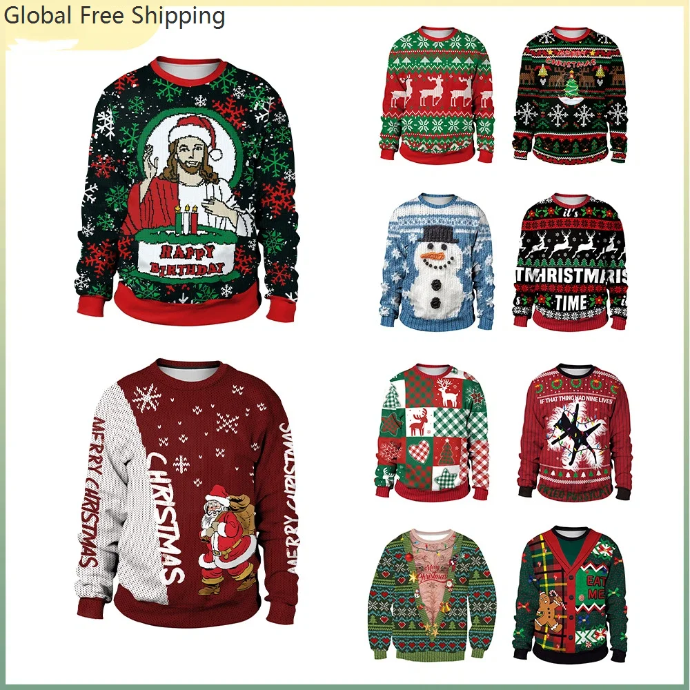 

2025 Christmas Sweatshirt Cosplay Christmas Snowman Elk Digital Printing Casual Round Neck Couple Sweatshirt Christmas Clothing
