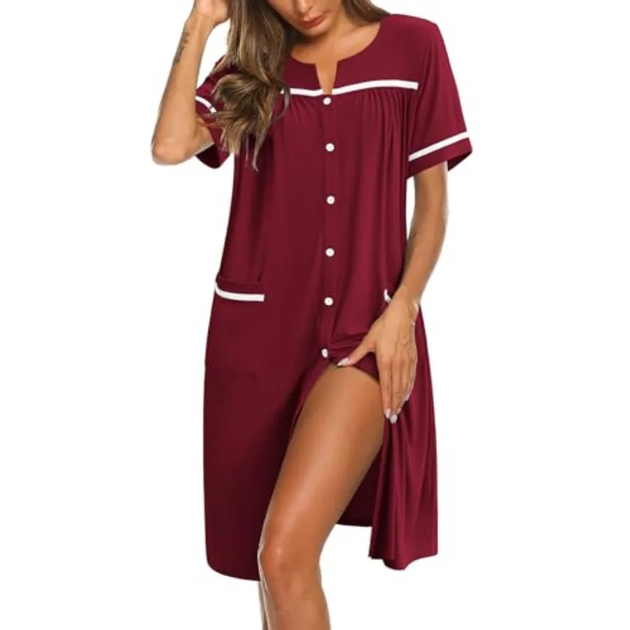 Camisones para Mujer, Vestido de Casa con Bolsillos, Camiseta de Dormir con Botones, Camiseta de Manga Corta, Bata de Casa