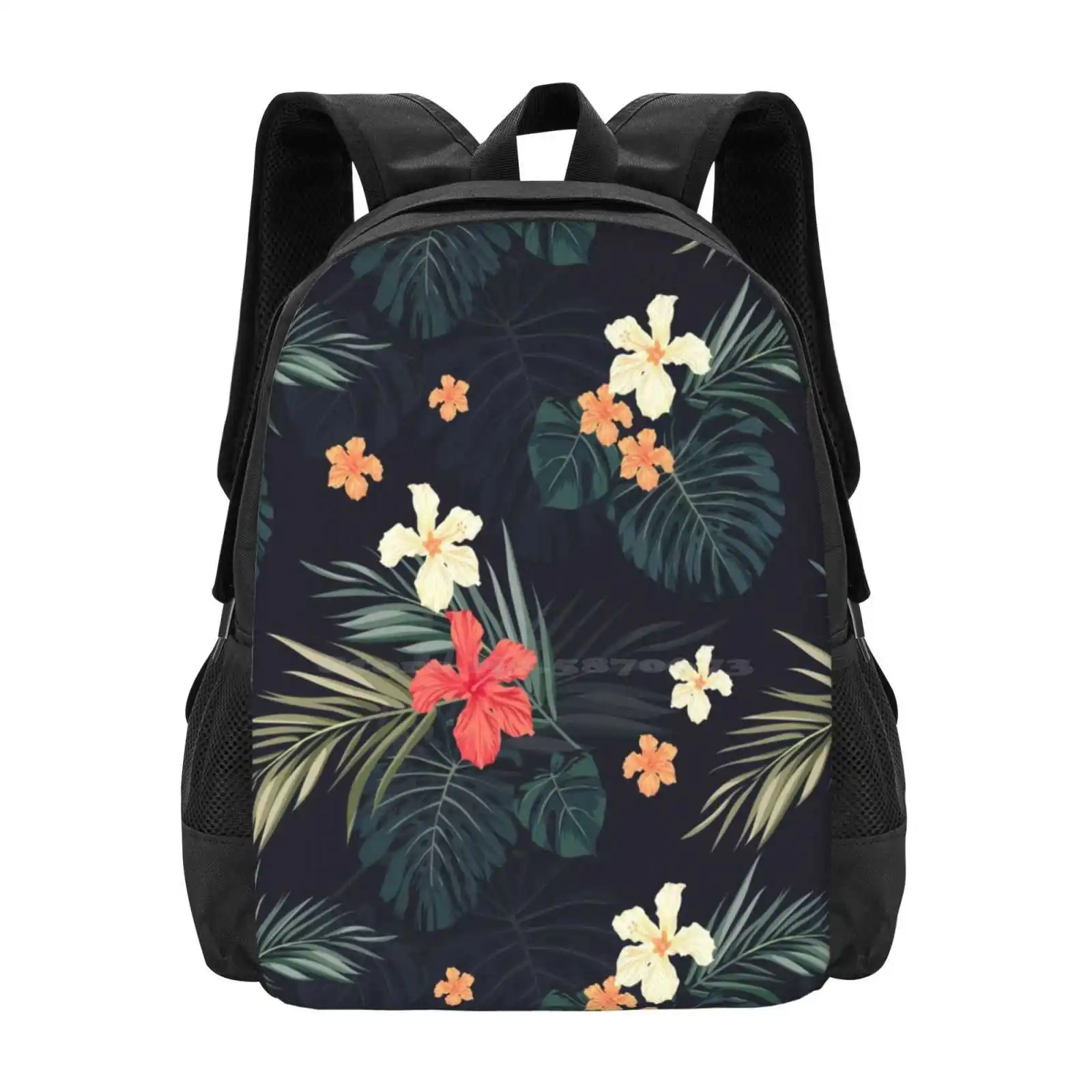 Dark Tropical Flowers Pattern Design Bagpack School Bags Textile Vintage Hawaiian Floral Camouflage Khaki Vacation Summer