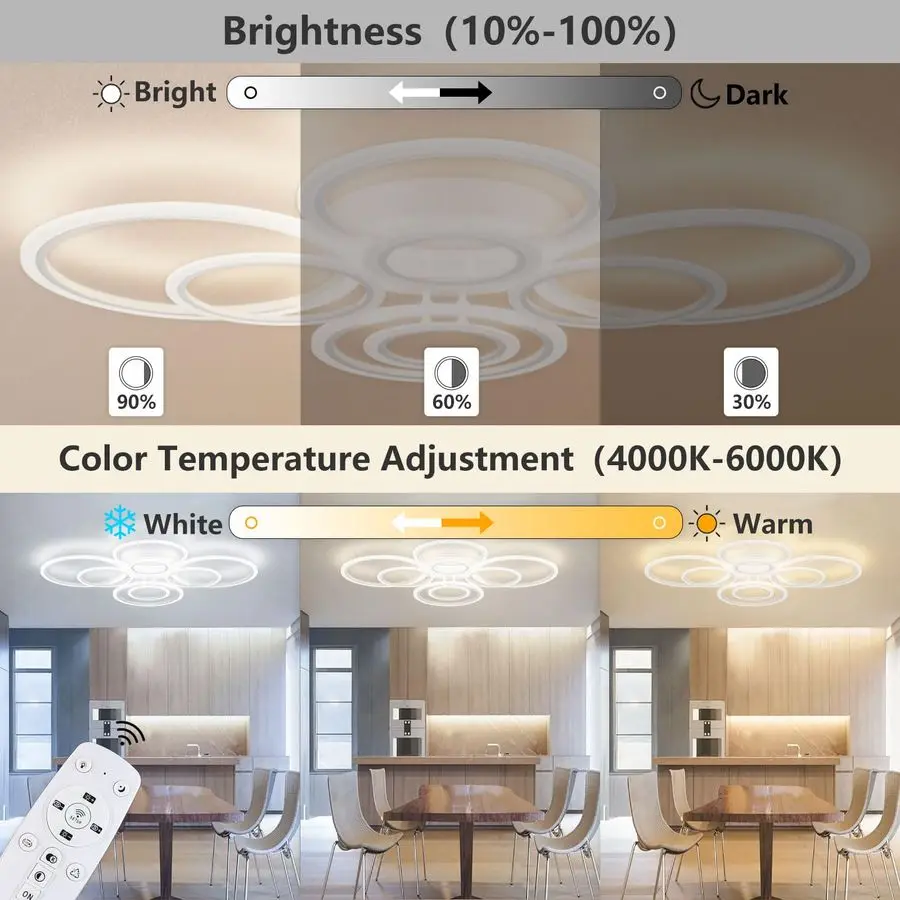 مصباح سقف LED، 23 بوصة، 3 درجات حرارة ألوان، 3348LM، سطوع قابل للتعديل، التحكم عن بعد في التطبيق، موفر للطاقة مثالي للعيش