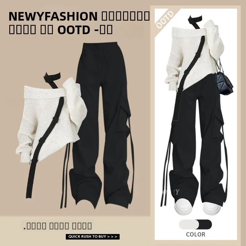 

Женский вязаный свитер, повседневный комплект на одно плечо, свободная рабочая одежда с высокой талией для похудения, брюки из двух предметов, модный ансамбль