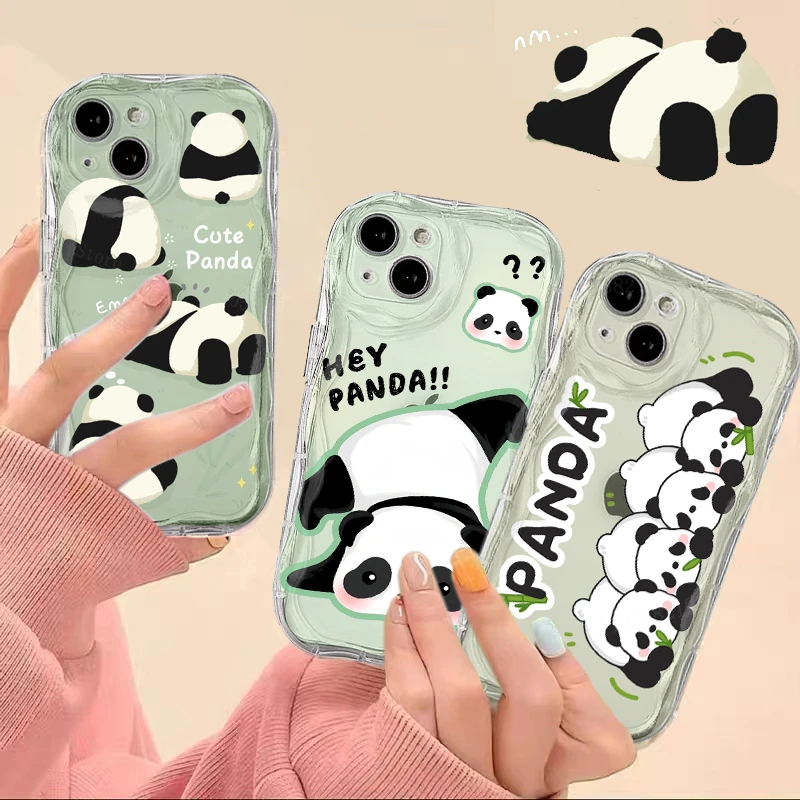 3D Cartoon Pandy Soft Silicone Case for iPhone 15 14 13 12 11 Pro Max X XR XS 8 7 Plus SE 2020 Wave Soft Shockproof Clear Cover