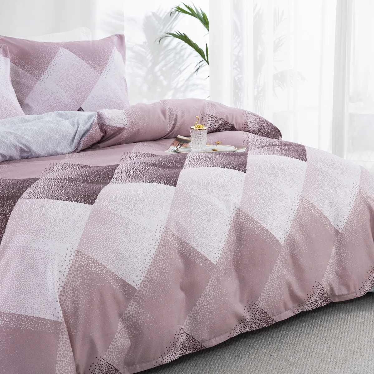 Paars Roze Geometrisch Patroon Dekbedovertrek Set En 2 Kussensloop, 3 Stuks Zacht Pluizig Beddengoed Set Met Ritssluiting, Luxe Stippen Beddengoed Set