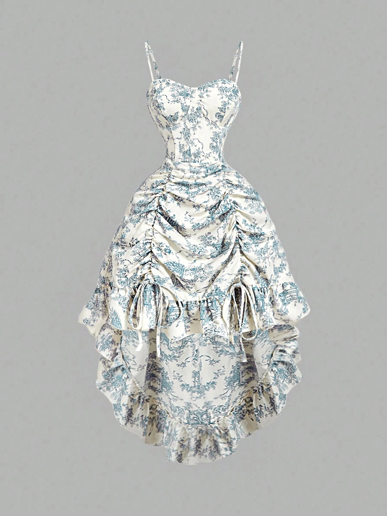 Feminino primavera verão branco azul floral impressão cinta de espaguete querida pescoço ruched assimétrico bainha midi casual vestido de férias