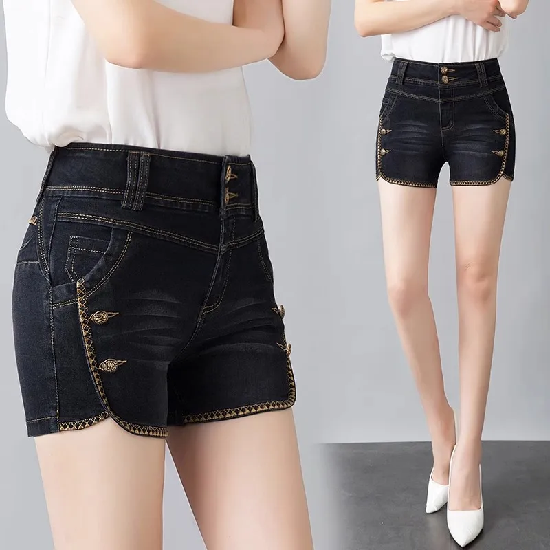 

Женские джинсовые шорты с высокой талией, летние, утягивающие, для активного отдыха, больших размеров, модные, тонкие, повседневные, в стиле INS