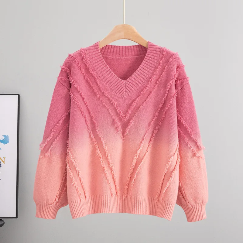 스웨터 여성 풀오버 니트 탑 태슬 V넥 패치워크 풀오버 니트 탑 오피스 레이디 니트웨어 점퍼 가을 겨울