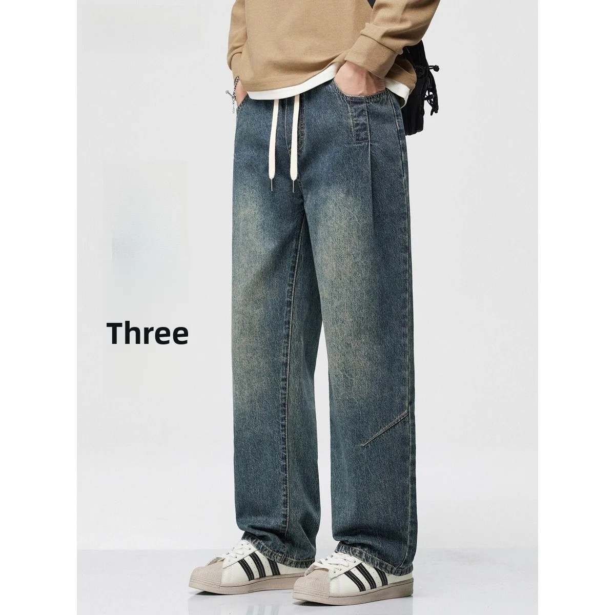 

Loose Straight Leg Blue High Street Retro Denim Jeans for Men Elastic Waist Student Faion Autumn New Arrival Casual Cotton ...