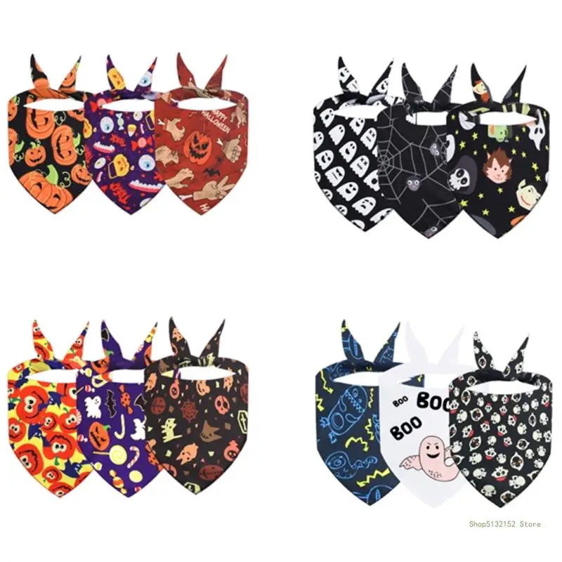 QX2E 3pack Halloweens Pet Bandanas Triangles Dog Scarf Washable Pet Neckerchief