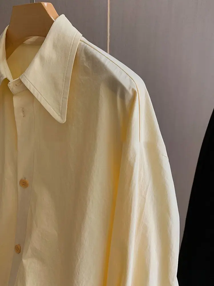 Yellow Cotton Loose Shirt For Women\'s 2024 Spring Korean Version With Design Sense Of Front Short Back Long Sleeved Top
