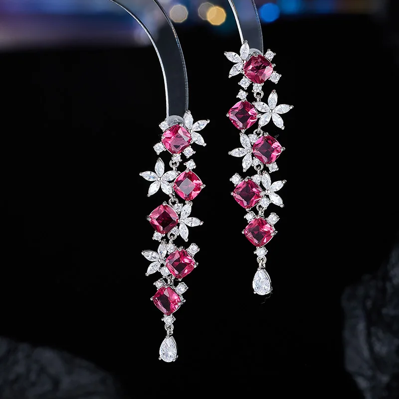 Pendientes largos colgantes para mujer, aretes colgantes de planta de hoja de flor de circonia blanca fucsia rosa, joyería para uso diario para cena y fiesta