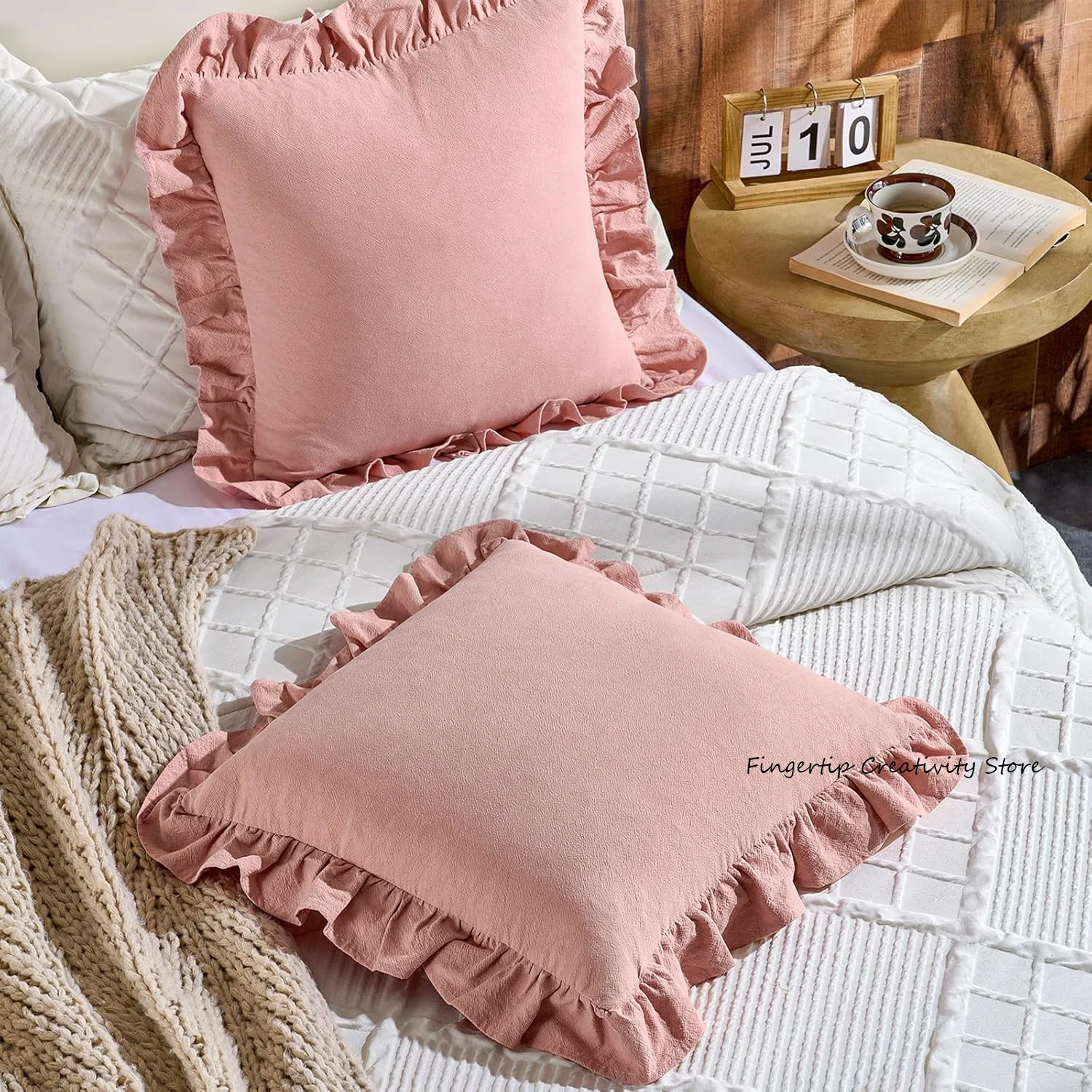 Kissenbezug aus 100 % Baumwolle mit Rüschen, weicher Baumwoll-Rüschen-Kissenbezug, rustikal, Boho-Bauernhaus, moderne Heimdekoration für Bett, Sofa, Wohnzimmer – Detail 2