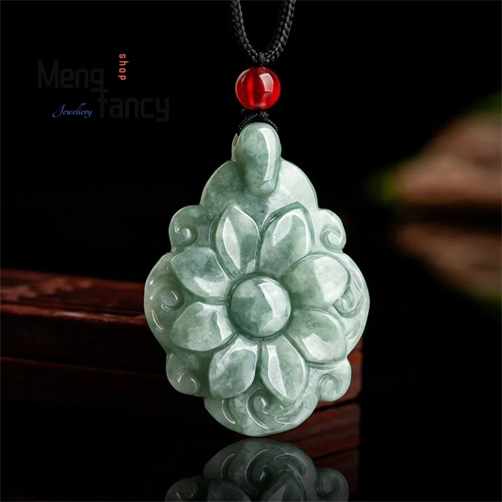 

Natural A-goods Jadeite Bean Green Longevity Flower Pendant Exquisite Handicraft Best Selling Fashion Fine Jewelry Holiday Gift