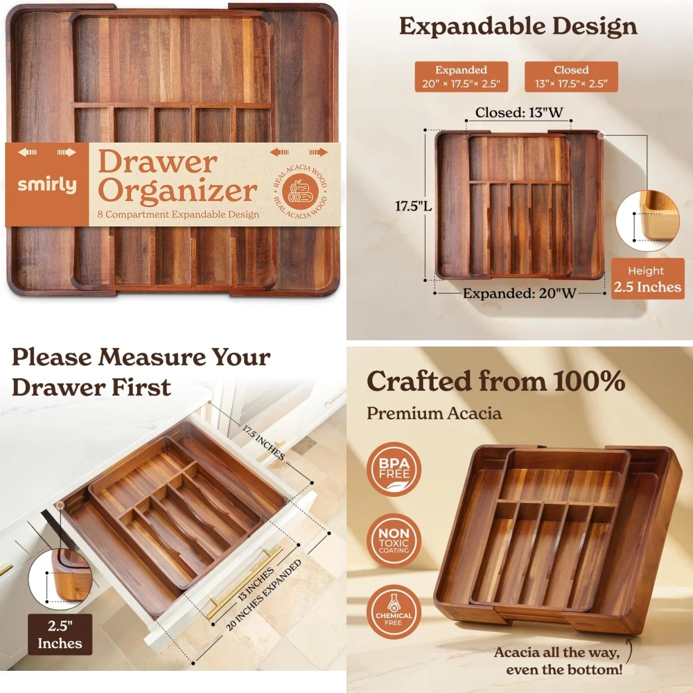 

Bamboo Drawer Organizer for Kitchen Silverware Storage Adjustable Utensil Tray Eco Friendly Cutlery Holder Space Saving