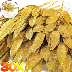30/1Pcs Artificial Glitter Leaf Gold Glittered Spray Fake Floral Leaf Branches Xmas Decor Christmas Tree DIY Wreath Gift Garden