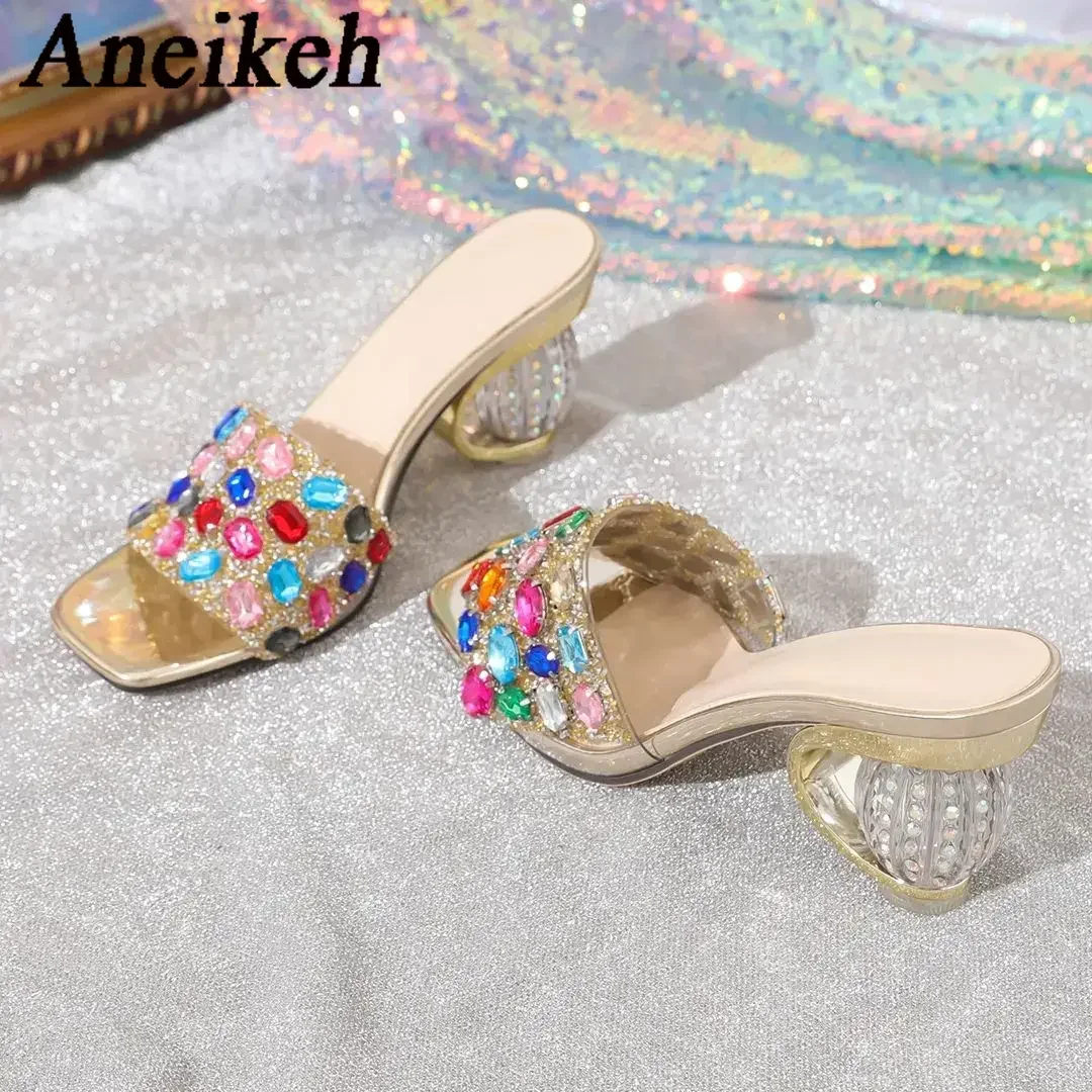 Aneikeh Shiny Colored rhinestone Sandals Slippers Women Transparent Thick Bottom Party Dress Mules High Heels 2025 Summer heeled