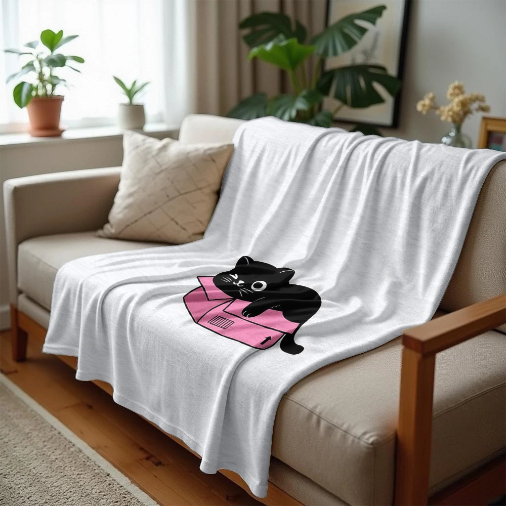 Box Black Cat Cartoon Anime Print Flannel Blanket Soft Warm Throw for Kids Bedroom Sofa Bed Christmas Office Car