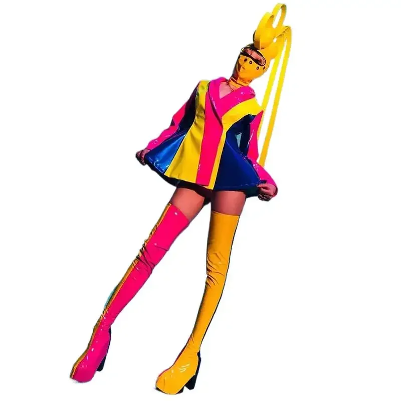 

Masked Singer Sexy Stage Performance Costume Patchwork Color Leather Blazer Bikini Headgear Carnival Clothing Club Rave Outfit