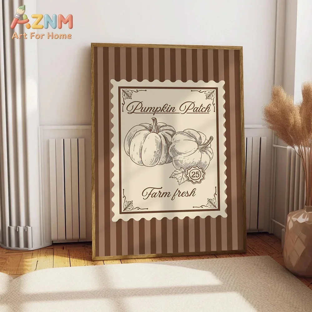 AZNM Pumpkin Patch Farm Fresh Canvas Wall Art Vintage Stamp Style Pumpkin Print Poster Fall Autumn Farmhouse Home Decor Unframed