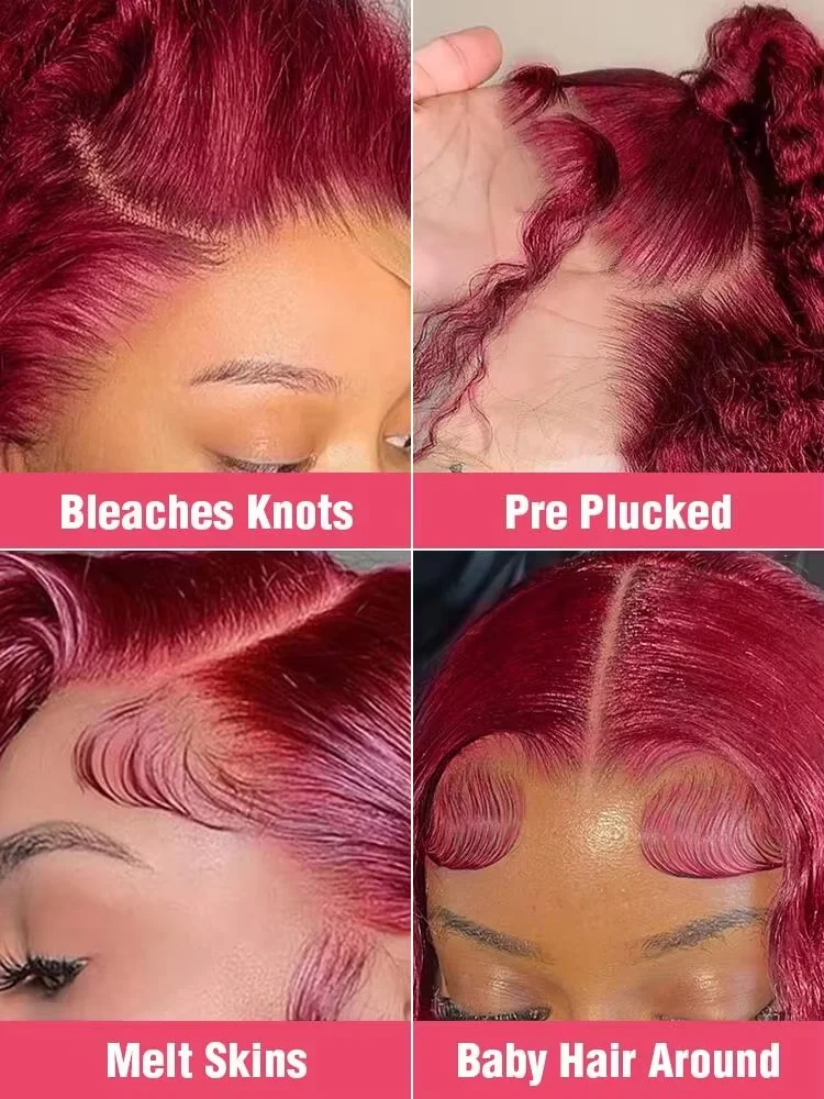 Wig Rambut Asli Peru Burgundy 99J Kepadatan 250% 13x4 HD Lace Front Body Wave Merah Tanpa Lem untuk Wanita 30 inci