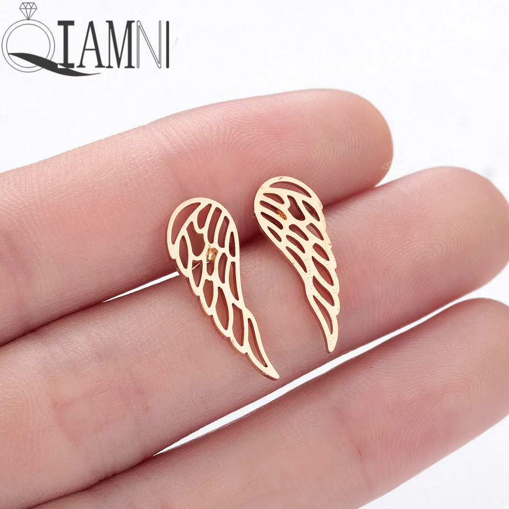 QIAMNI Stainless Steel Minimalist Wings Stud Earring for Women Men Birthday Gifts Ear Climbers Party Jewelry Pendientes Brincos