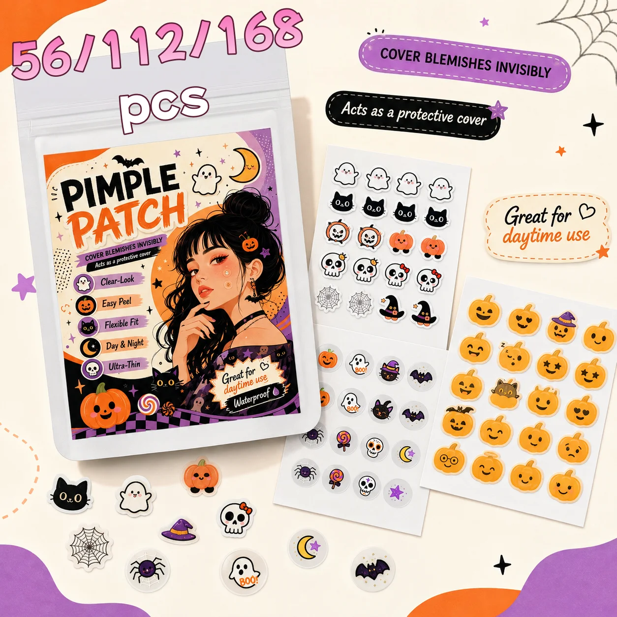 56/112/168pcs Halloween Character Pimple Patches, Ultra-Thin, Breathable, Photo-Ready for Costume Parties & Day/Night Wear