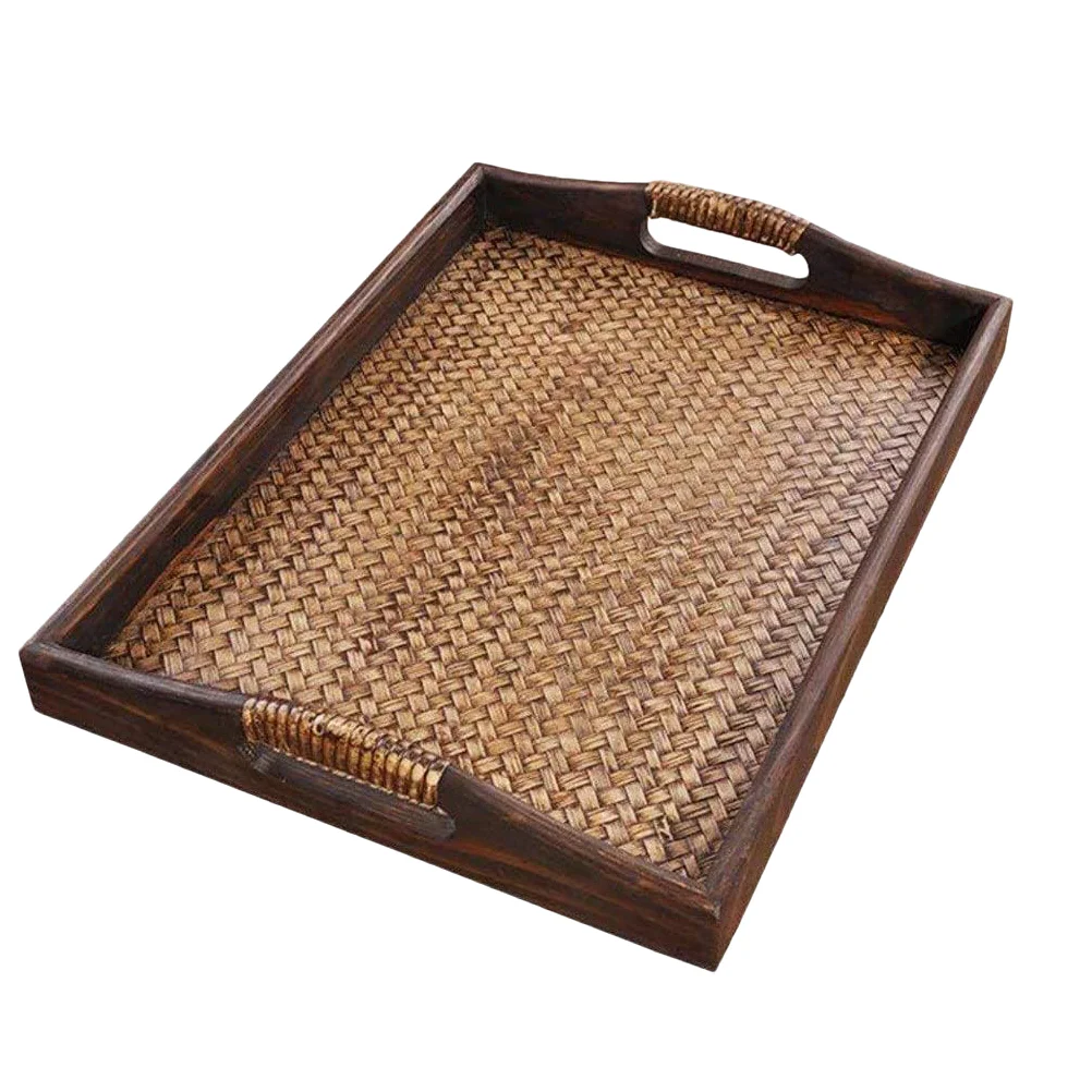 

Wooden Pallet Rattan Tea Tray Cup Retro Rectangular Simple Practical Plate Teak Bamboo Strips Weaving