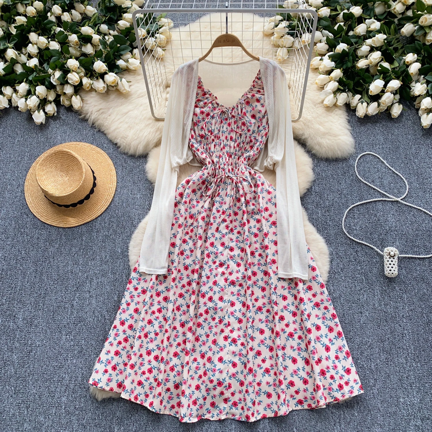 French Vintage Shirring sleeveless v neck print overcoat with sweet slip A-line Chic Casual Vacation Women Summer dresses